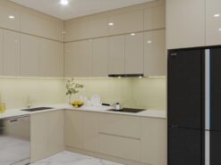Tủ bếp nhựa cánh Acrylic Hưng Yên màu Pastel Be sang trọng.