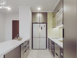 Tủ bếp inox cánh kính màu ghi đậm sang trọng