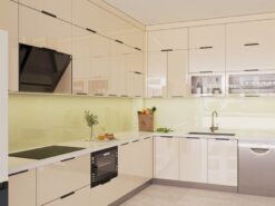 Tủ bếp inox cánh kính màu be kịch trần đẹp