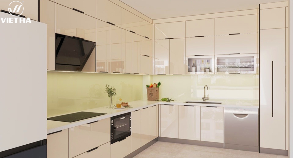 Tủ bếp inox cánh kính màu be kịch trần đẹp