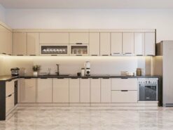 Tủ bếp inox cánh kính chữ L mặt đá Granit Ấn Độ