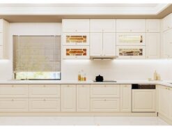 Tủ bếp gỗ công nghiệp tân cổ Thái Bình chữ L sơn Inchem trắng kịch trần