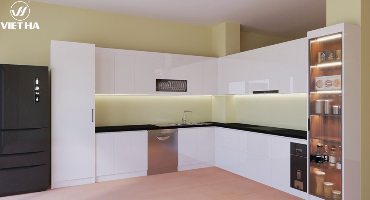 Tủ bếp acrylic Thái Bình thiết kế chữ L hiện đại