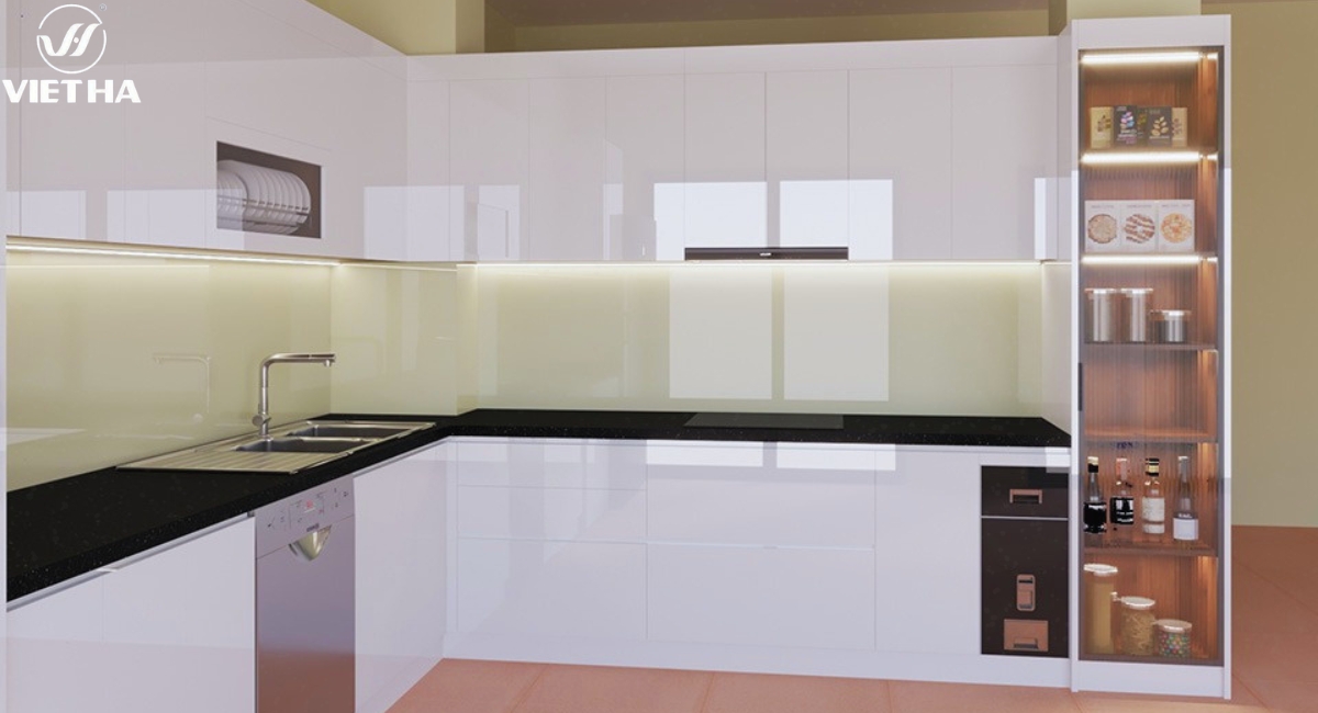 Tủ bếp acrylic có tủ rượu và tủ đồ khô thông minh