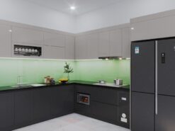 Tủ bếp gỗ công nghiệp acrylic Hưng Yên phối màu ghi hiện đại