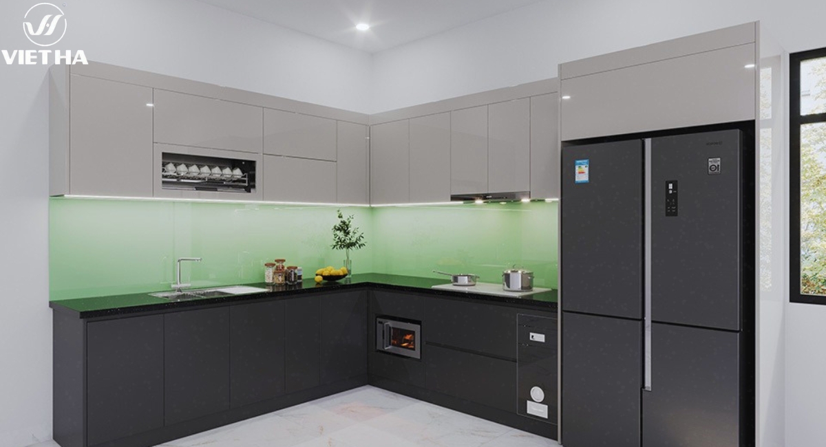 Tủ bếp gỗ công nghiệp acrylic Hưng Yên phối màu ghi hiện đại
