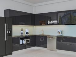 Tủ bếp inox cánh kính Thái Bình chữ L màu ghi hiện đại