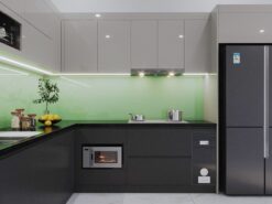 tủ bếp gỗ công nghiệp acrylic màu ghi đậm sang trọng