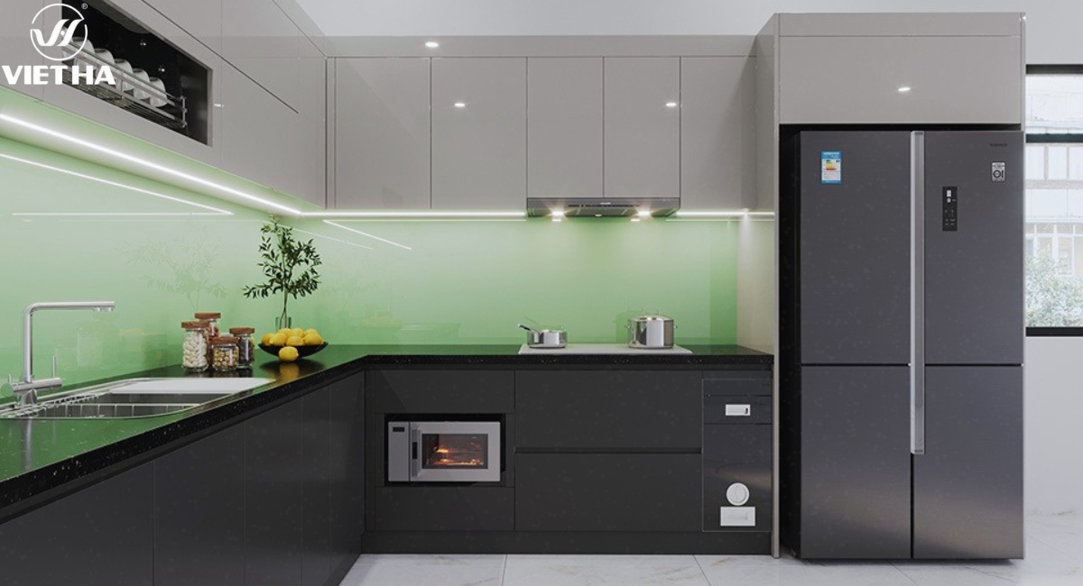 tủ bếp gỗ công nghiệp acrylic màu ghi đậm sang trọng