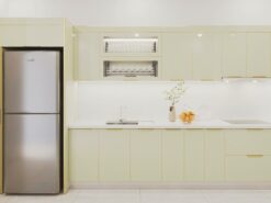 Thiết kế tủ bếp cánh kính Thái Bình phối màu be hiện đại
