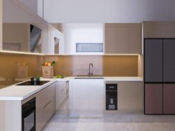 Thi công tủ bếp nhựa cánh acrylic Thái Bình khung nhựa 3 lớp chống nước, mối mọt 100%. Thiết kế chữ L hiện đại, cánh bóng gương dễ lau chùi phối kính cam cực kỳ nổi bật.