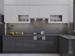 Thiết kế tủ bếp nhựa cánh acrylic Thái Bình phối màu ghi trắng hiện đại