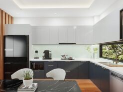 Kính ốp bếp màu trắng xanh cho tủ bếp gỗ công nghiệp melamine