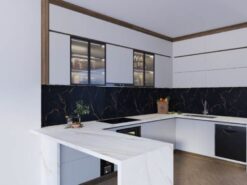 Hệ tủ bếp gỗ nhựa chữ U hiện đại chống nước tuyệt