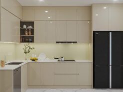 Thiết kế tủ bếp nhựa cánh Acrylic Hưng Yên kịch trần tối ưu không gian.