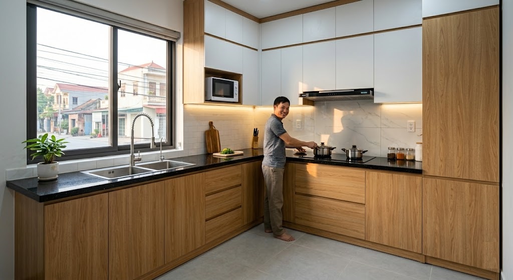 Làm tủ bếp giá rẻ tại Thái Bình bằng gỗ MDF chống ẩm bền đẹp