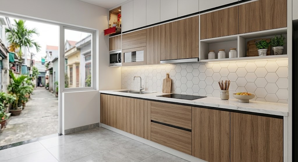Mẫu tủ bếp nhựa Picomat đẹp hoàn thiện tại Thái Bình - Nội thất Việt Hà