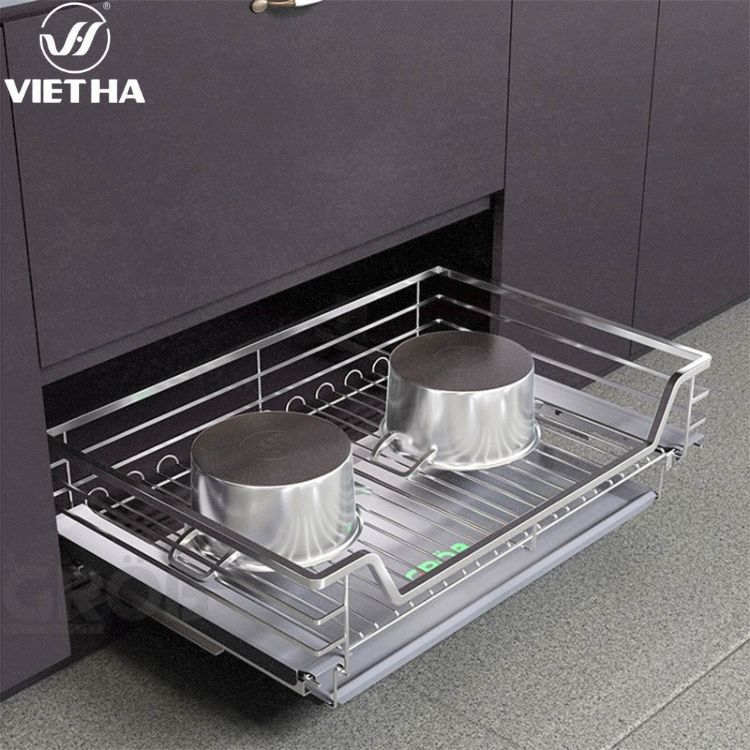 Giá xoong nồi tủ dưới ngăn kéo inox nan dẹt cao cấp.