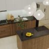 Bàn đảo tủ bếp gỗ nhựa với mặt đá đen kim sa sang trọng.