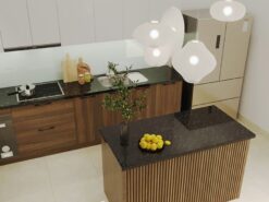 Bàn đảo tủ bếp gỗ nhựa với mặt đá đen kim sa sang trọng.