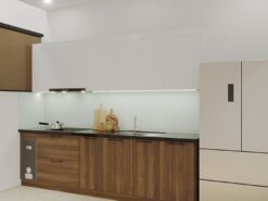 Tủ bếp gỗ nhựa màu vân gỗ hiện đại tích hợp thiết bị bếp âm tủ.