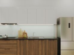 Chi tiết tủ trên và dưới của mẫu tủ bếp gỗ nhựa hiện đại.