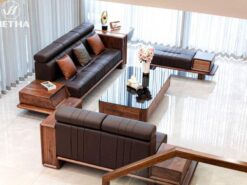ộ sofa khung gỗ tự nhiên màu óc chó kết hợp đệm da đen cao cấp.