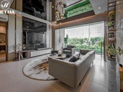 Nội thất biệt thự Thái Bình sofa và kệ tivi cỡ lớn.
