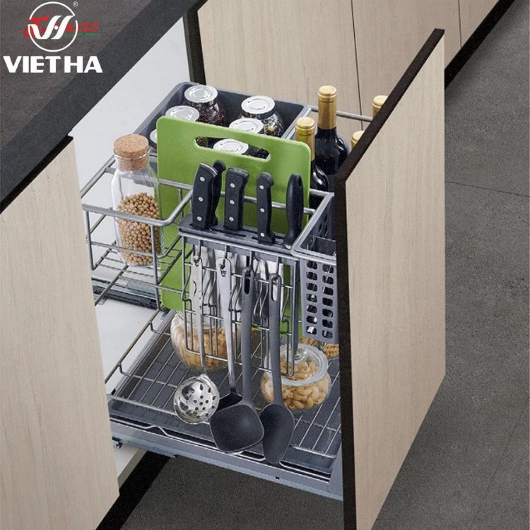 Giá dao thớt đa năng tích hợp kệ gia vị cho tủ dưới.