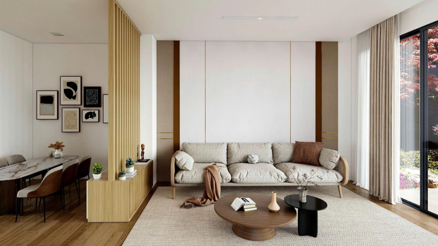 Bộ sofa phòng khách thiết kế đơn giản, nhẹ nhàng với gam màu beige sáng, điểm xuyết bàn trà gỗ phong cách vintage độc đáo.