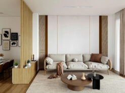 Bộ sofa phòng khách thiết kế đơn giản, nhẹ nhàng với gam màu beige sáng, điểm xuyết bàn trà gỗ phong cách vintage độc đáo.