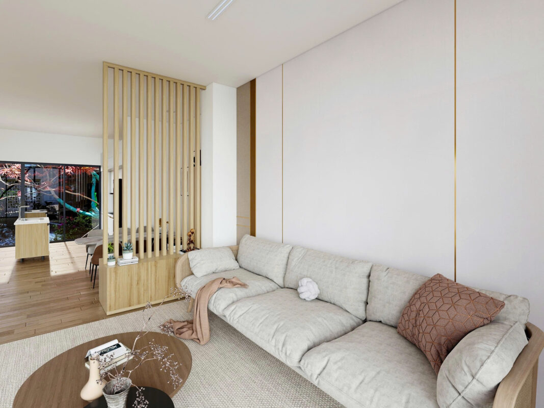 Cách decor phòng khách nhà phố đẹp với đèn thả hoài cổ và tranh nghệ thuật theo tông màu sáng nhẹ nhàng.