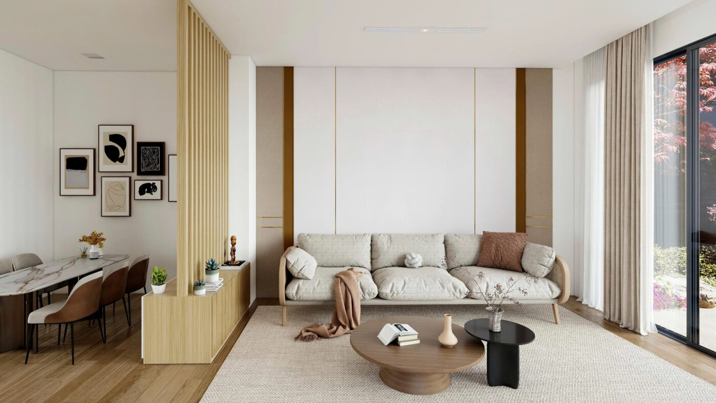 Mẫu thiết kế nội thất phòng khách nhà phố tại Hưng Yên kết hợp hài hòa giữa phong cách hiện đại tối giản và nét đẹp hoài cổ vintage tinh tế.