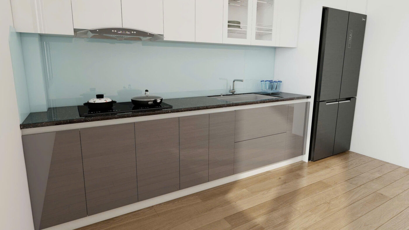 Chi tiết thùng tủ bếp gỗ MDF chống ẩm cánh acrylic chắc chắn