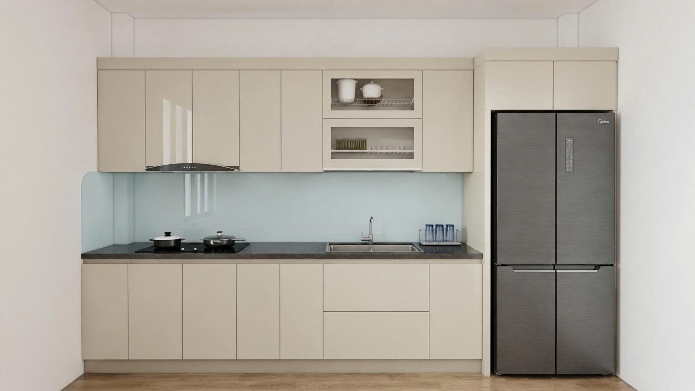 Bề mặt tủ bếp acrylic bóng gương chữ I sáng bóng và sang trọng