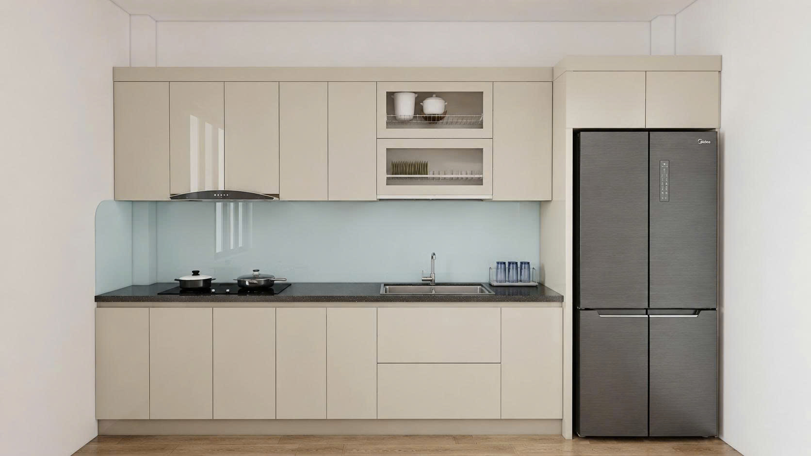 Bề mặt tủ bếp acrylic bóng gương chữ I sáng bóng và sang trọng
