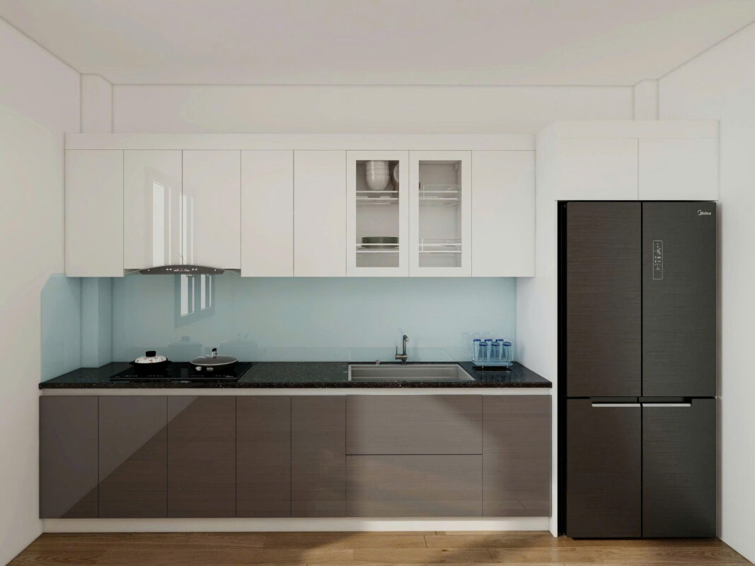Tổng quan mẫu tủ bếp gỗ MDF chống ẩm cánh acrylic chữ I thiết kế hiện đại