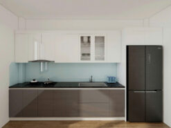 Tổng quan mẫu tủ bếp gỗ MDF chống ẩm cánh acrylic chữ I thiết kế hiện đại